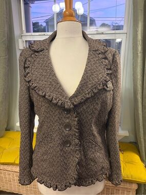 Last Kiss Brown w/Dark Brown Herringbone Ruffle-Trim Blazer